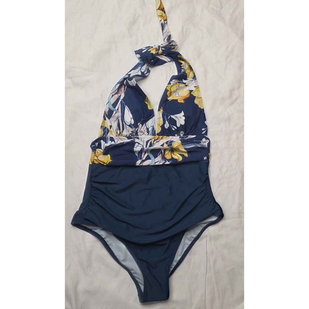 NWT Cupshe Floral One Piece Swimsuit Size Medium Halter Blue Yellow Slimming